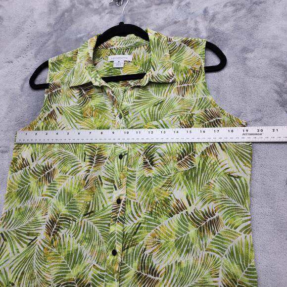 Liz Claiborne Top Womens M Green Tropical Palm Leaves Chiffon Sleeveless Button - Picture 6 of 8